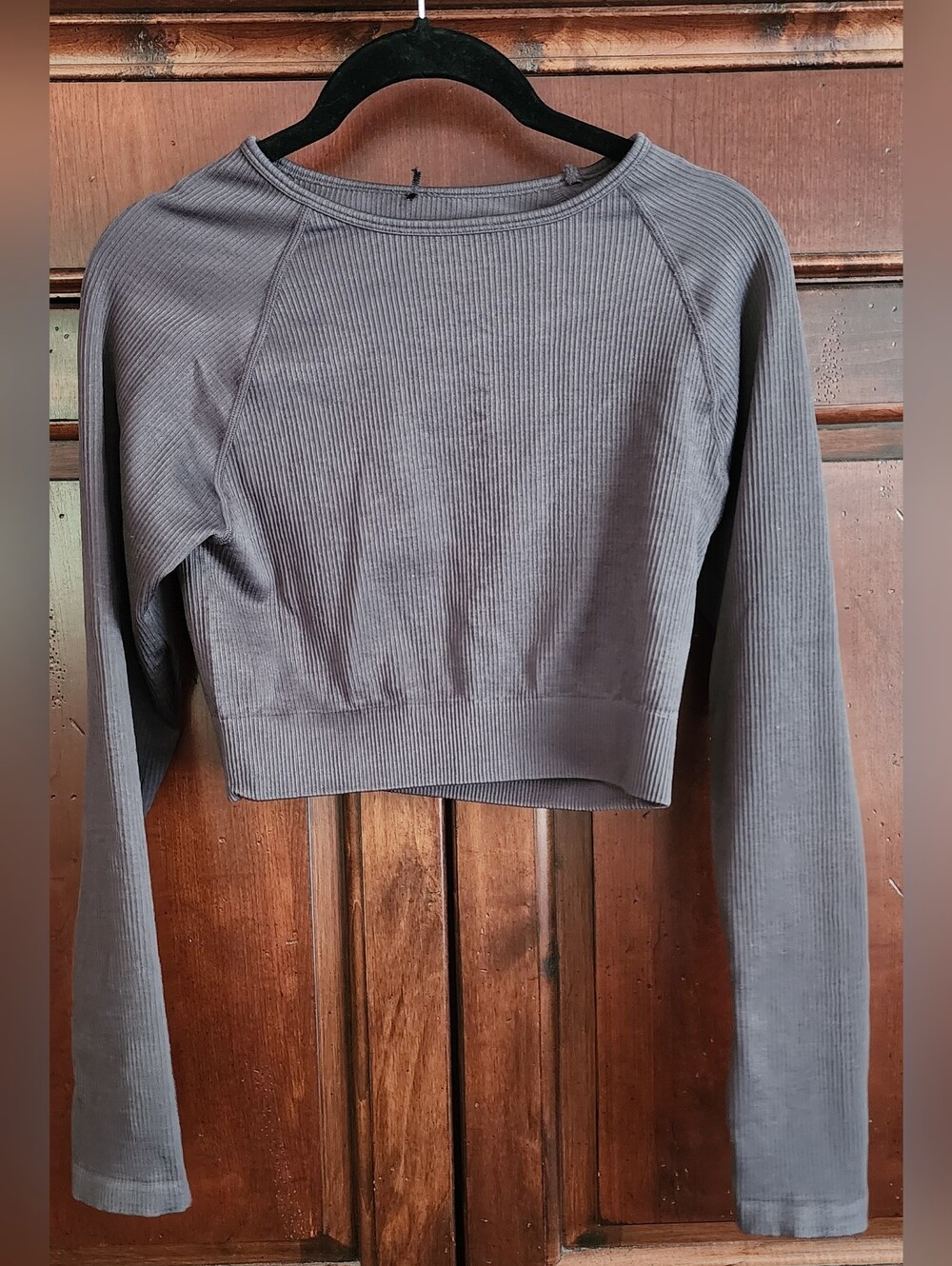 Pink Soda Sport Ribbed Long Sleeve Crop Top - Gray, L/XL
